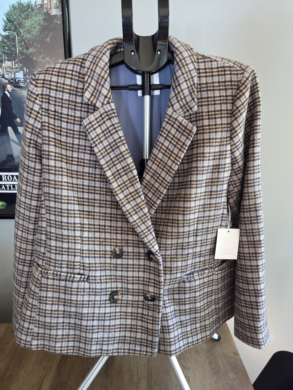 LC Lauren Conrad Tan and Blue Plaid Double-Breasted Blazer